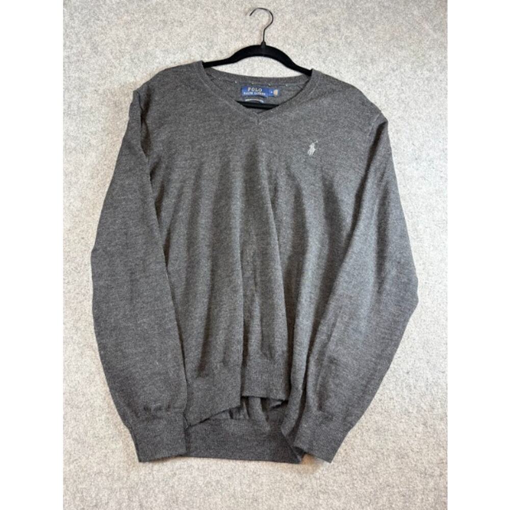 Polo Ralph Lauren Washable Merino Wool Sweater Men M Gray Vneck Mini Pony Preppy